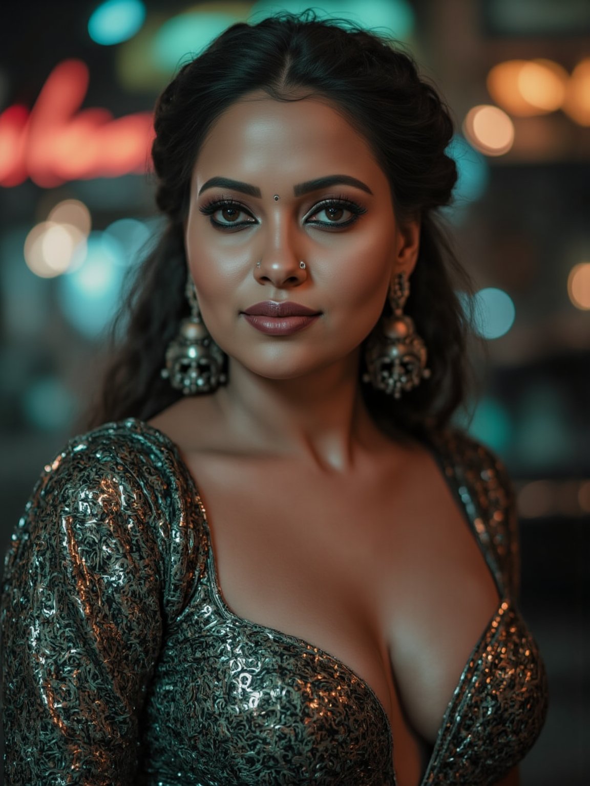 A woman posing confidently, radiant in a metallic dress with digital patterns and neon accents, against a blurred backdrop of vintage circuitry and neon lights. Soft, warm lighting highlights her features,  reflecting a digital glow. Her stylish gaze is set off by the retro-futuristic atmosphere, as if stepping out of a 1980s time capsule.,NeemoFairy,Liminal Space,Ambience Steampunk,Mallu beauty 