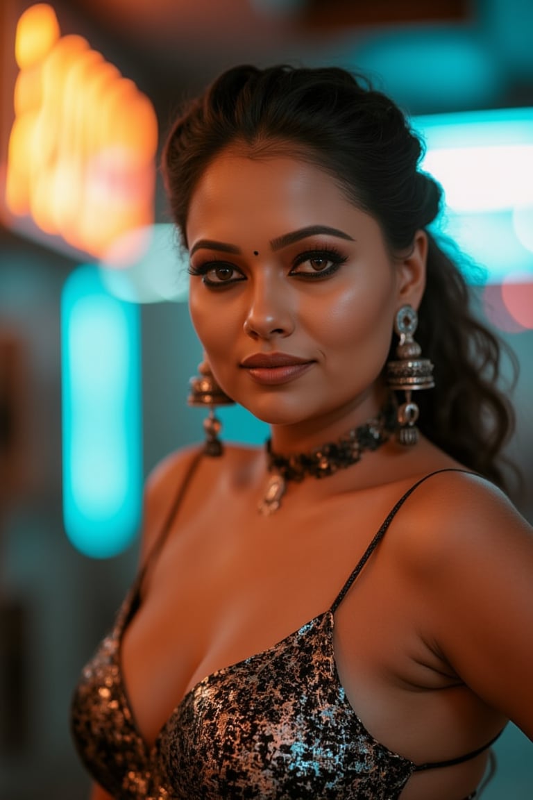 A woman posing confidently, radiant in a metallic dress with digital patterns and neon accents, against a blurred backdrop of vintage circuitry and neon lights. Soft, warm lighting highlights her features,  reflecting a digital glow. Her stylish gaze is set off by the retro-futuristic atmosphere, as if stepping out of a 1980s time capsule.,NeemoFairy,Liminal Space,Ambience Steampunk,Mallu beauty 