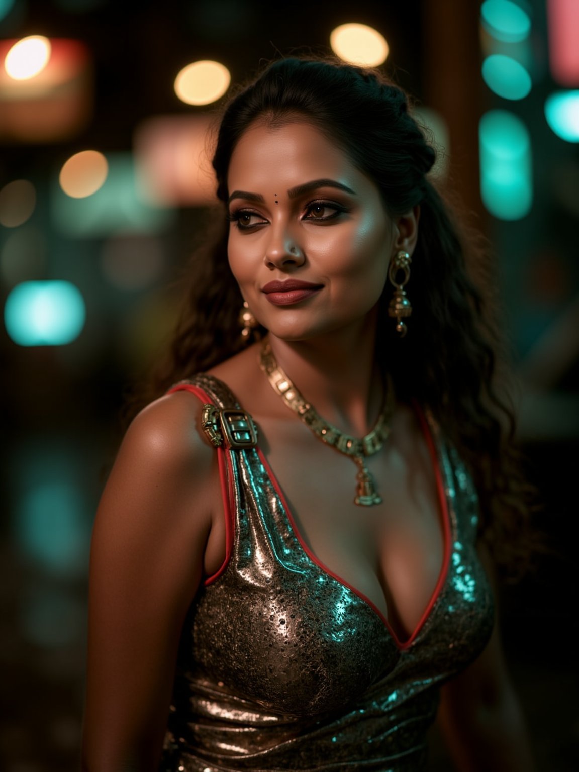 A woman posing confidently, radiant in a metallic dress with digital patterns and neon accents, against a blurred backdrop of vintage circuitry and neon lights. Soft, warm lighting highlights her features,  reflecting a digital glow. Her stylish gaze is set off by the retro-futuristic atmosphere, as if stepping out of a 1980s time capsule.,NeemoFairy,Liminal Space,Ambience Steampunk,Mallu beauty 