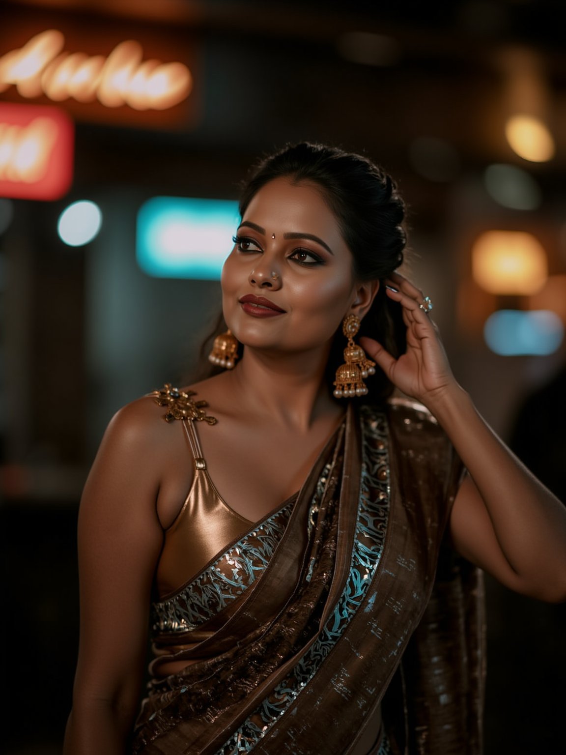 A woman posing confidently, radiant in a metallic dress with digital patterns and neon accents, against a blurred backdrop of vintage circuitry and neon lights. Soft, warm lighting highlights her features,  reflecting a digital glow. Her stylish gaze is set off by the retro-futuristic atmosphere, as if stepping out of a 1980s time capsule.,NeemoFairy,Liminal Space,Ambience Steampunk,Mallu beauty 