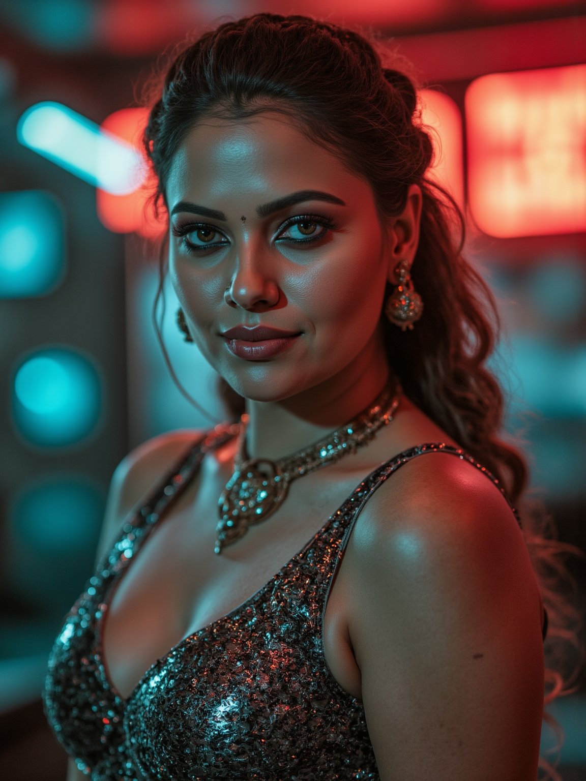 A woman posing confidently, radiant in a metallic dress with digital patterns and neon accents, against a blurred backdrop of vintage circuitry and neon lights. Soft, warm lighting highlights her features,  reflecting a digital glow. Her stylish gaze is set off by the retro-futuristic atmosphere, as if stepping out of a 1980s time capsule.,NeemoFairy,Liminal Space,Ambience Steampunk,Mallu beauty 