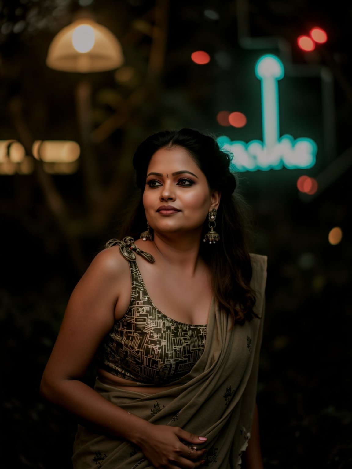 A woman posing confidently, radiant in a metallic dress with digital patterns and neon accents, against a blurred backdrop of vintage circuitry and neon lights. Soft, warm lighting highlights her features,  reflecting a digital glow. Her stylish gaze is set off by the retro-futuristic atmosphere, as if stepping out of a 1980s time capsule.,NeemoFairy,Liminal Space,Ambience Steampunk,Mallu beauty 