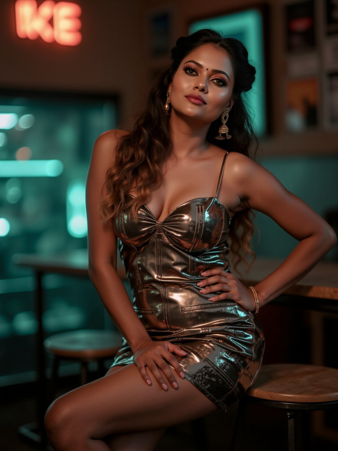 A woman posing confidently, radiant in a metallic dress with digital patterns and neon accents, against a blurred backdrop of vintage circuitry and neon lights. Soft, warm lighting highlights her features,  reflecting a digital glow. Her stylish gaze is set off by the retro-futuristic atmosphere, as if stepping out of a 1980s time capsule.,NeemoFairy,Liminal Space,Ambience Steampunk,Mallu beauty 