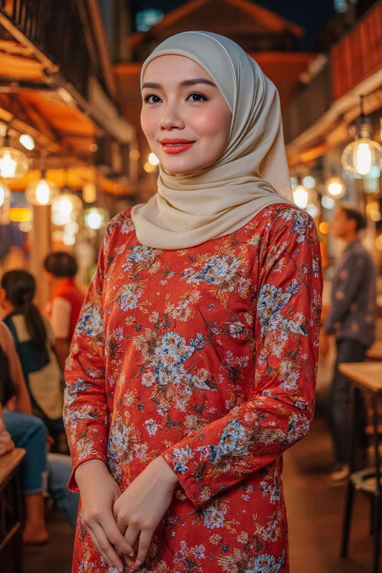 A Malay woman, resplendent in a vibrant red flower-adorned modern Baju Kurung Moden, stands confidently at the bustling Middle Street Market under the warm glow of night lights. Framing her figure is the vibrant street life, with colorful food stalls and vendors calling out their wares. The soft illumination casts a flattering light on her White hijab, accentuating its intricate patterns and textures as she gazes out at the lively market scene, her bright smile radiating amidst the bustling crowd.