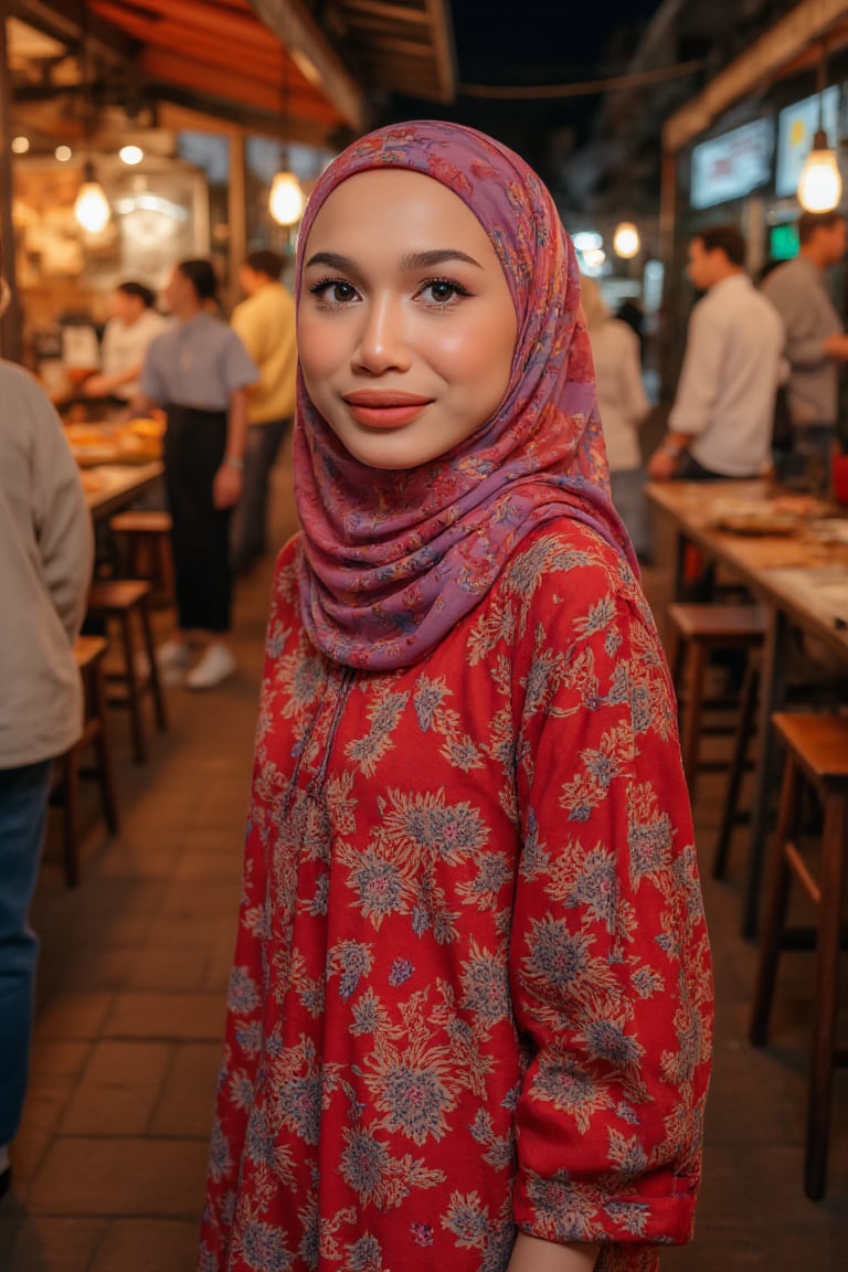 A Malay woman donning a vibrant red flower-adorned modern Baju Kurung Moden stands confidently at the bustling Middle Street Market under the warm glow of night lights. The soft illumination casts a flattering light on her hijab, accentuating its intricate patterns and textures.,imantroye