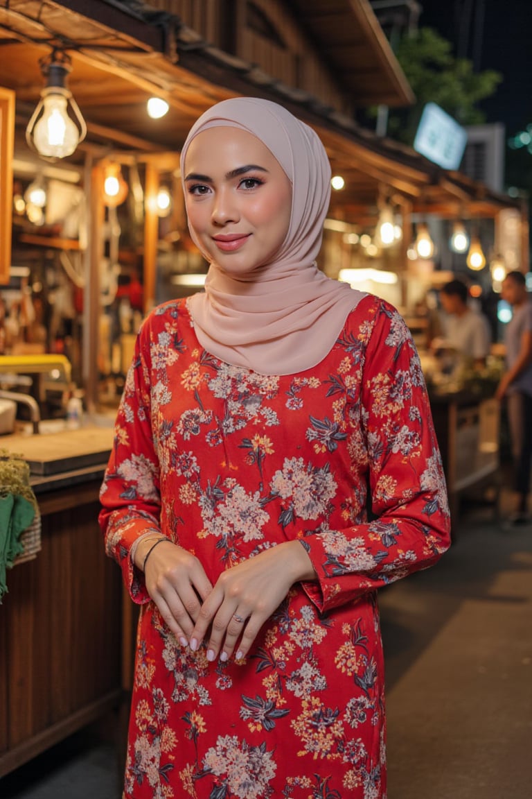 A Malay woman donning a vibrant red flower-adorned modern Baju Kurung Moden stands confidently at the bustling Middle Street Market under the warm glow of night lights. The soft illumination casts a flattering light on her hijab, accentuating its intricate patterns and textures.