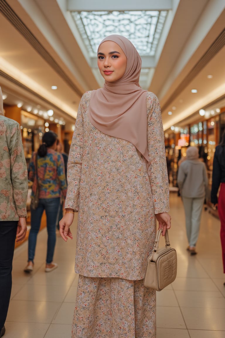 A close-up shot of a modernly dressed Malay woman walking down a busy shopping mall corridor, her traditional 'Baju Kurung' attire standing out against the sea of casual clothing. The warm glow of fluorescent lights overhead highlights the intricate designs on her blouse and skirt. She's lost in thought, her eyes fixed on some distant point as she navigates through the crowd.,bajukurungmoden,eryshaemyra