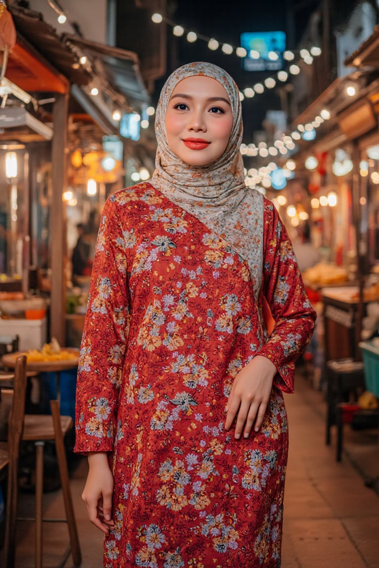 A Malay woman, radiant in a red flower-embellished Baju Kurung Moden, stands tall at Middle Street Market under twinkling night lights, surrounded by vibrant street life. Colorful food stalls and vendors' calls create a dynamic backdrop as she gazes out, her white hijab's intricate patterns shining with soft lighting, complementing her bright smile amidst the bustling crowd.