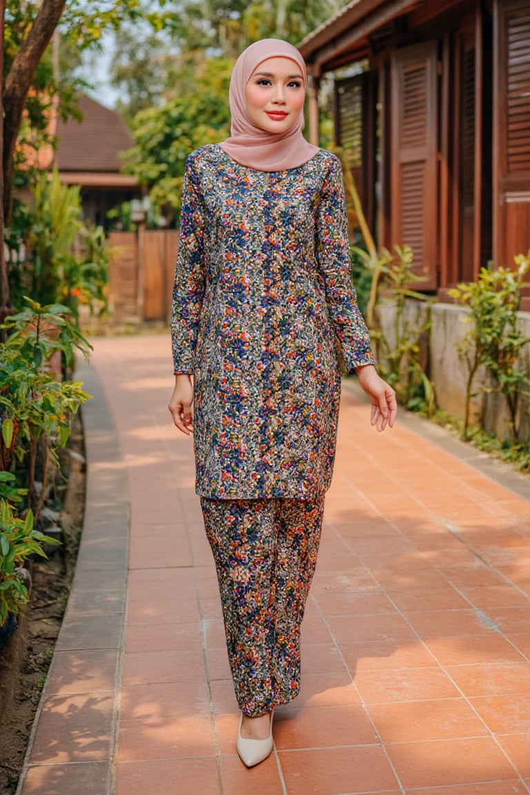 A Malay woman, donning a modern take on traditional attire - the Baju Kurung Moden - her hijab perfectly wrapped around her head, walks along the rustic streets of an old Kampung Village. Warm sunlight casts a gentle glow, highlighting the vibrant colors of her clothing as she makes her way through the quaint neighborhood, surrounded by wooden houses with intricately carved shutters and lush greenery.