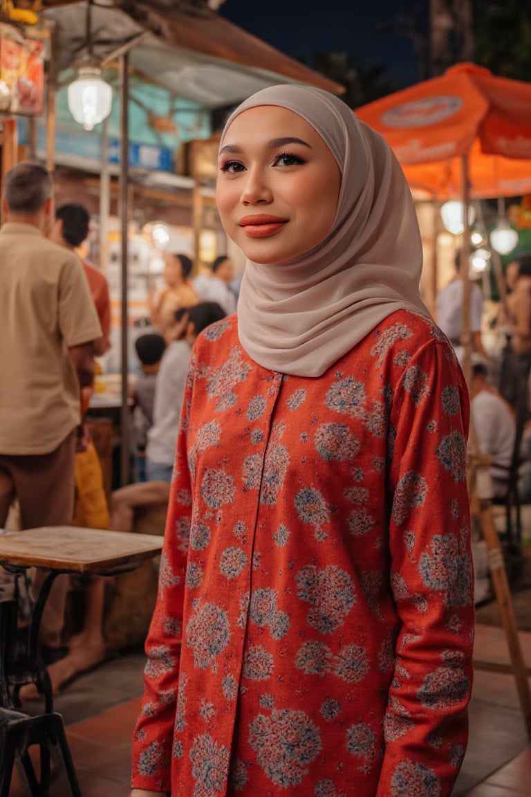 A Malay woman, resplendent in a vibrant red flower-adorned modern Baju Kurung Moden, stands confidently at the bustling Middle Street Market under the warm glow of night lights. Framing her figure is the vibrant street life, with colorful food stalls and vendors calling out their wares. The soft illumination casts a flattering light on her White hijab, accentuating its intricate patterns and textures as she gazes out at the lively market scene, her bright smile radiating amidst the bustling crowd.