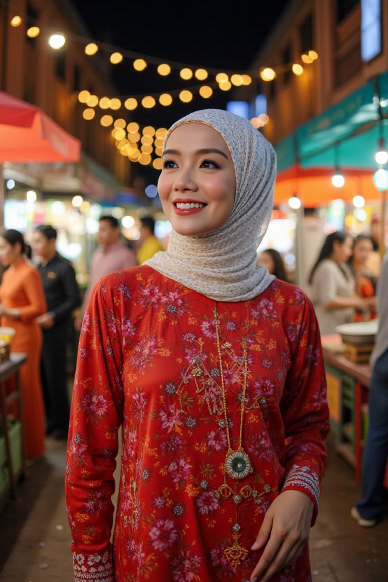 A Malay woman, radiant in a red flower-embellished Baju Kurung Moden, stands tall at Middle Street Market under twinkling night lights, surrounded by vibrant street life. Colorful food stalls and vendors' calls create a dynamic backdrop as she gazes out, her white hijab's intricate patterns shining with soft lighting, complementing her bright smile amidst the bustling crowd.