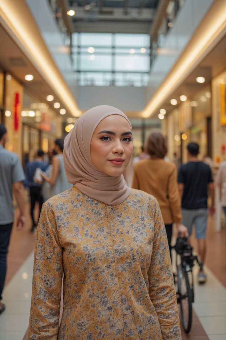 A close-up shot captures a modernly dressed Malay woman walking down a bustling shopping mall corridor. Her traditional Baju Kurung Moden attire shines amidst casual clothing. Warm fluorescent lighting highlights intricate designs on her blouse and skirt as she navigates through the crowd, lost in thought with eyes fixed on some distant point.