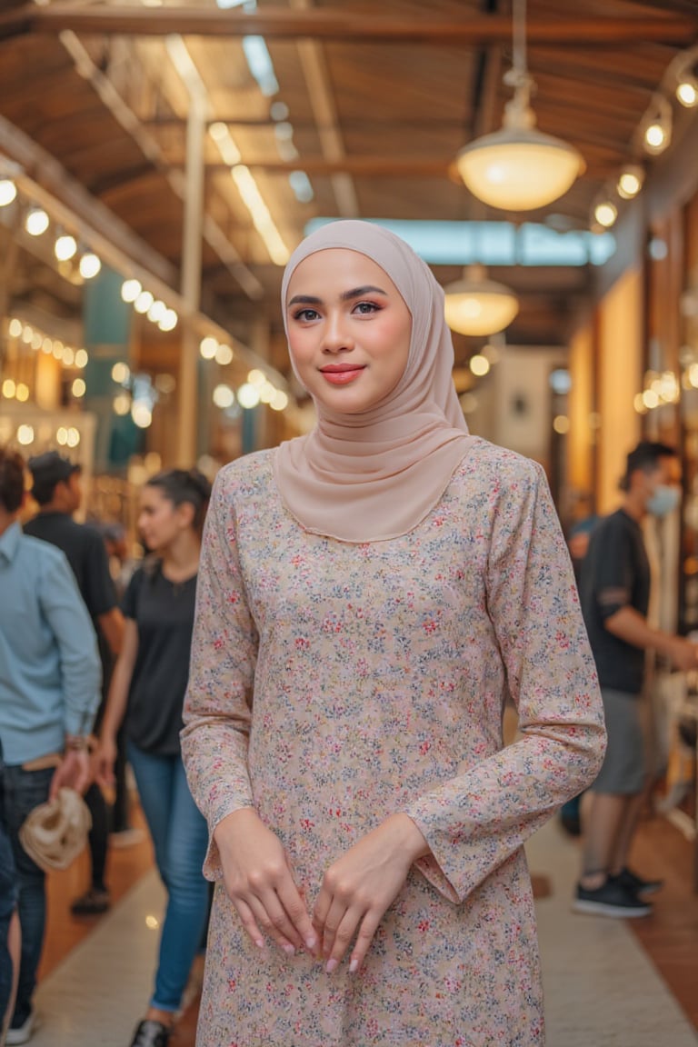 A close-up shot of a modernly dressed Malay woman walking down a busy shopping mall corridor, her traditional 'Baju Kurung' attire standing out against the sea of casual clothing. The warm glow of fluorescent lights overhead highlights the intricate designs on her blouse and skirt. She's lost in thought, her eyes fixed on some distant point as she navigates through the crowd.,bajukurungmoden,eryshaemyra