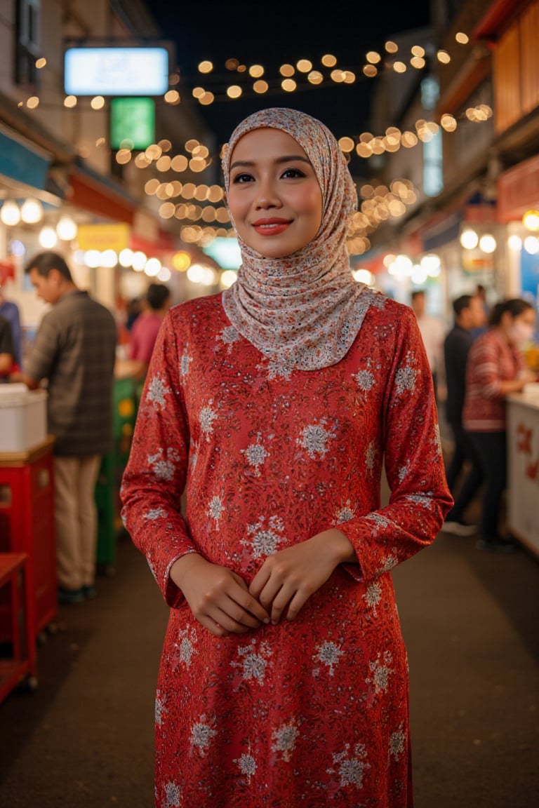 A Malay woman, radiant in a red flower-embellished Baju Kurung Moden, stands tall at Middle Street Market under twinkling night lights, surrounded by vibrant street life. Colorful food stalls and vendors' calls create a dynamic backdrop as she gazes out, her white hijab's intricate patterns shining with soft lighting, complementing her bright smile amidst the bustling crowd.