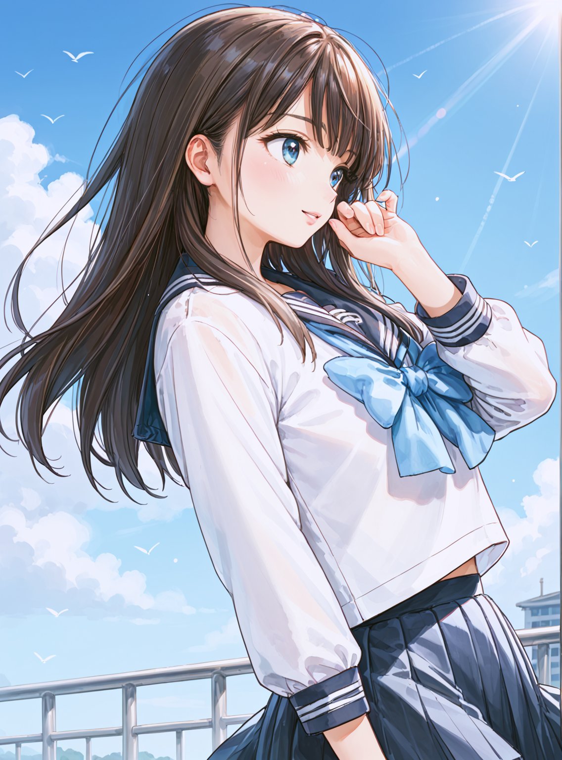 score_9, score_8_up, score_7_up, source_anime, (perfect anatomy:1.4)
,//characters, 
1girl, solo, akebikomichi,
skirt, long sleeves, pleated skirt, serafuku, blue bow, socks
,//situations,
blue sky wind, sunshine
,//pose,
(profile), looking another, light particle, finger in hairs, close up
,/LoRA, beautiful_female_fingers, (correct number of fingers), 5_fingers, (beautiful hands), perfect anatomy,