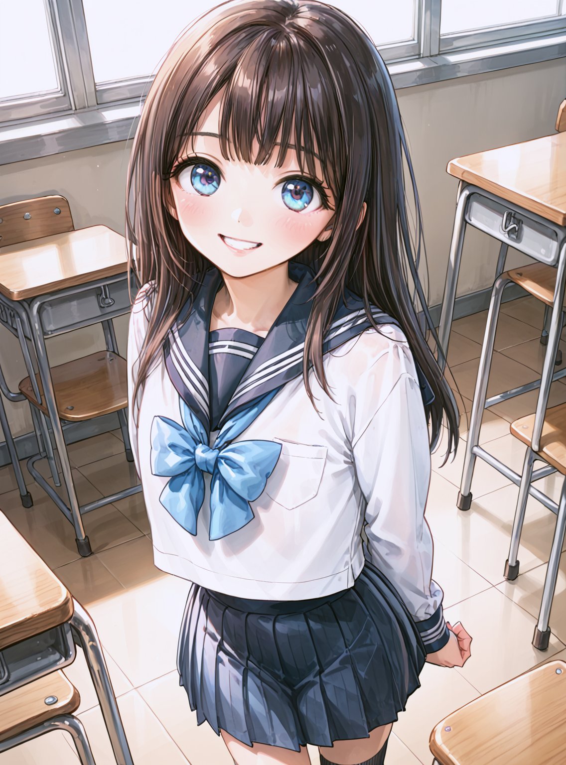 score_9, score_8_up, score_7_up, source_anime, (perfect anatomy:1.4), 
,//characters, 
1girl, solo, akebikomichi, skirt, long sleeves, pleated skirt, serafuku, blue bow, socks
,//situations,
classroom
,//pose,
(profile :0.6) soft smile, face focus, looking up, dutch angle, from above, blush, arms behind back
,/LoRA, beautiful_female_fingers, (correct number of fingers), (beautiful hands), perfect anatomy,