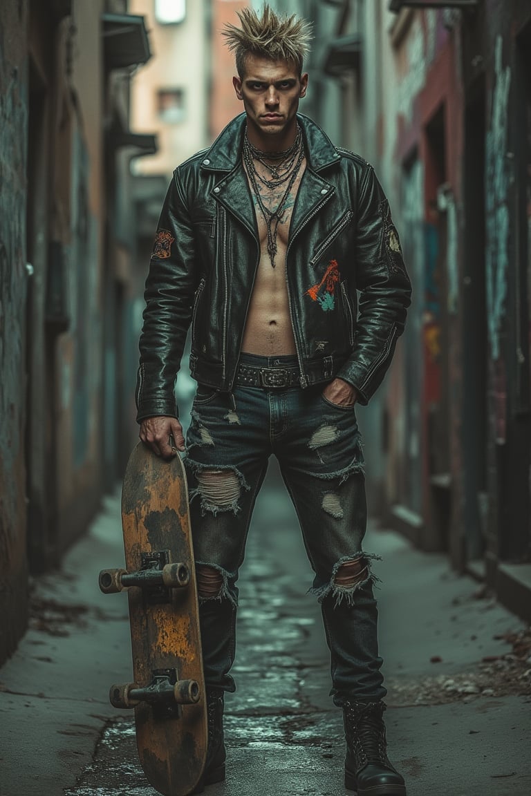 A man in punk style, standing confidently in a gritty urban alley, wearing a torn leather jacket with patches, ripped jeans, and combat boots, holding a skateboard, intense expression, graffiti-covered walls in the background, harsh lighting with dramatic shadows, mid-shot framing, dynamic composition.