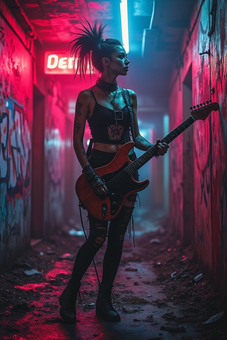 A dystopian world, a woman in punk style, vibrant neon lights illuminating the scene, chaotic urban environment with graffiti-covered walls, the woman standing defiantly, wearing ripped clothing and combat boots, holding a guitar, intense expression, dramatic shadows, close-up shot, dynamic composition.