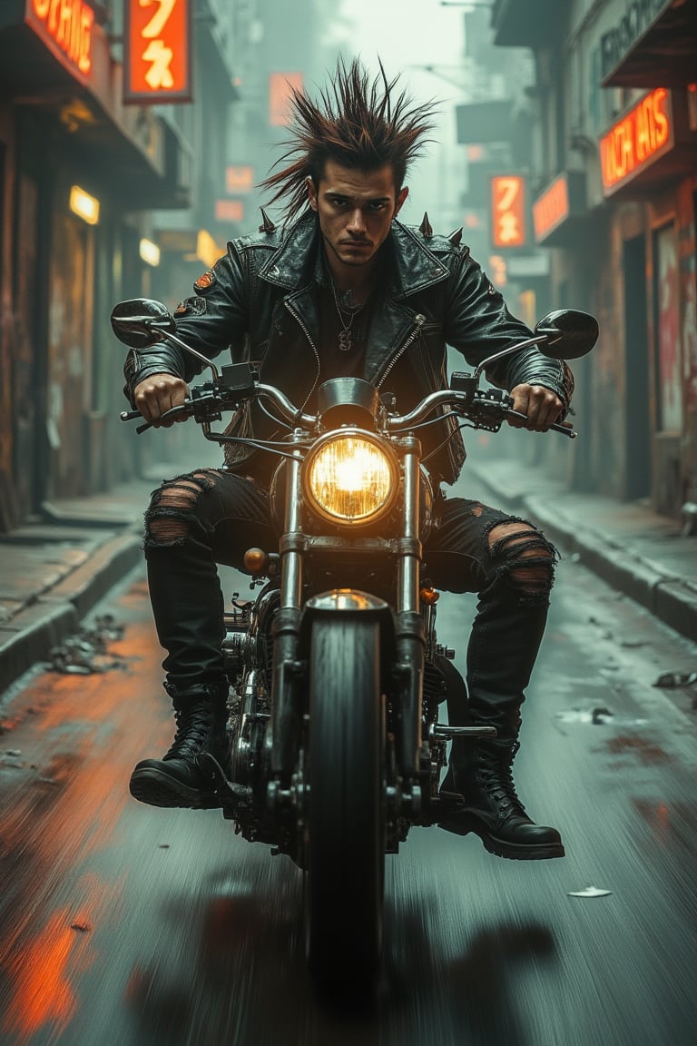 A man in punk style riding a motorbike, rugged leather jacket with spikes, ripped jeans, and combat boots, speeding through a gritty urban landscape, neon signs and graffiti-covered walls, the man with a rebellious expression, wind blowing through his hair, dramatic lighting with sharp contrasts, action shot from behind, dynamic composition.