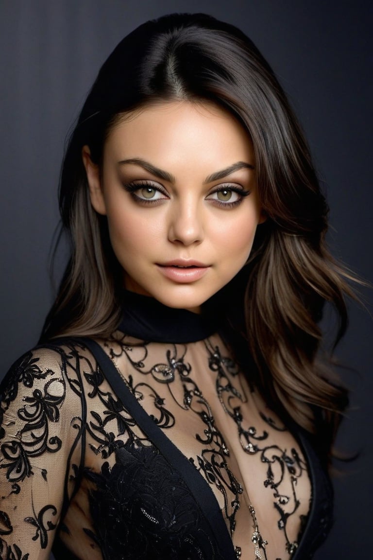 Craft a hyper realistic vertical full body photo of the most attractive stunning young girl (Mila Kunis), fitting black nanofiber suit, intricate detailes, intricate bodysuit, perfectly detailed eyes, make-up, intricate beauty, simple background, dim light, volumetric lighting, blurry foreground, blurry background