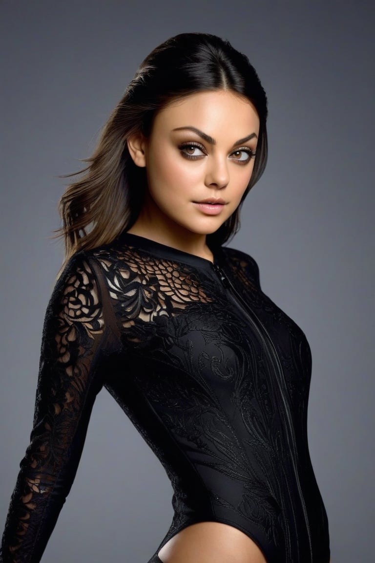 Craft a hyper realistic vertical full body photo of the most attractive stunning young girl (Mila Kunis), fitting black nanofiber suit, intricate detailes, intricate bodysuit, perfectly detailed eyes, make-up, intricate beauty, simple background, dim light, volumetric lighting, blurry foreground, blurry background