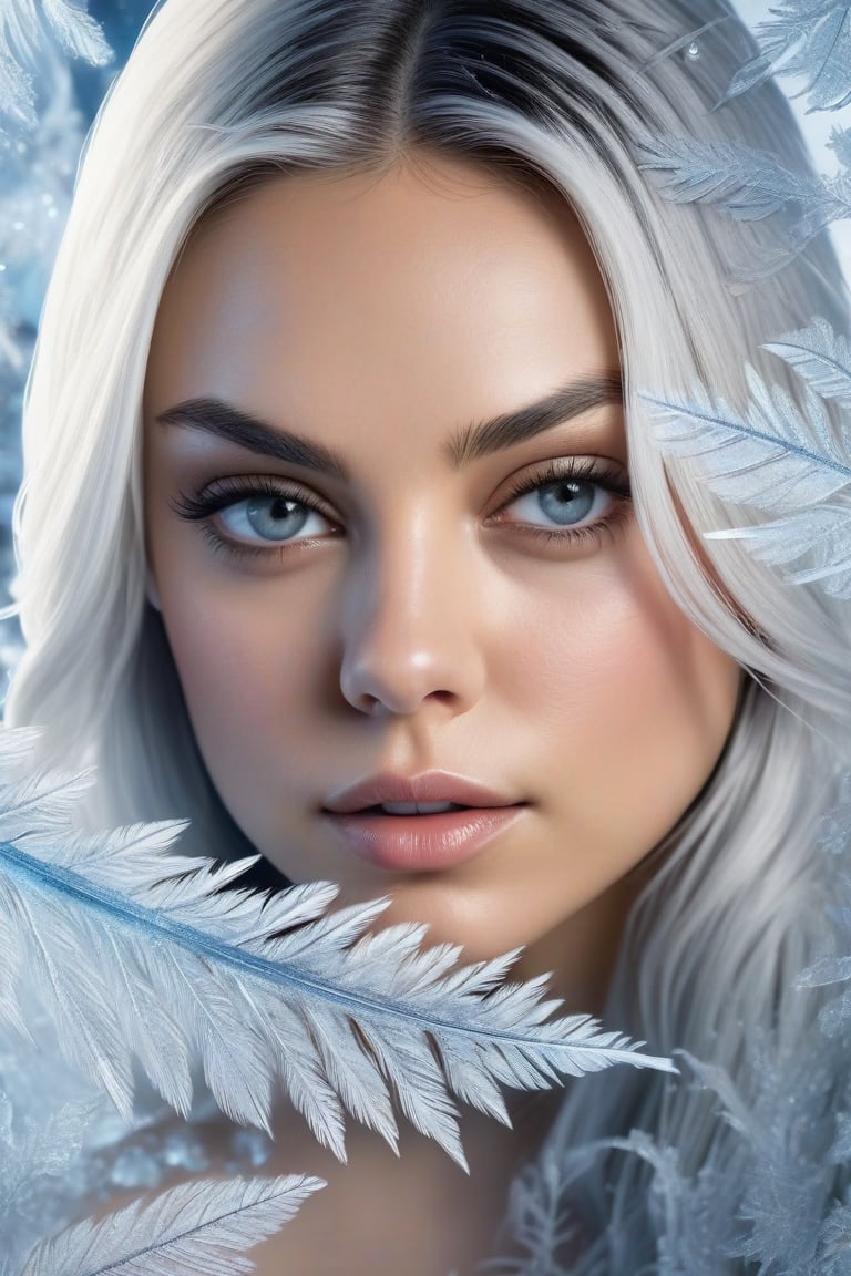 In this hyperrealistic close-up shot, Mila Kunis's youthful face, with white hair and blue-gray hues, is mesmerizing as she draws herself on a heavily frosted mirror. Her finger etches intricate patterns into the thick layer of ice, creating a super impressive, marine-painting-like effect. The alternating lighting casts a dramatic contrast between the frosted and cleared areas, highlighting the crystalline ice formations, delicate feathers, and swirls that cover the mirror's surface. Visible ice crystals add to the frozen ambiance, while an ethereal glow emanates from light refracting through the ice, amplifying the magical quality of this surreal scene.