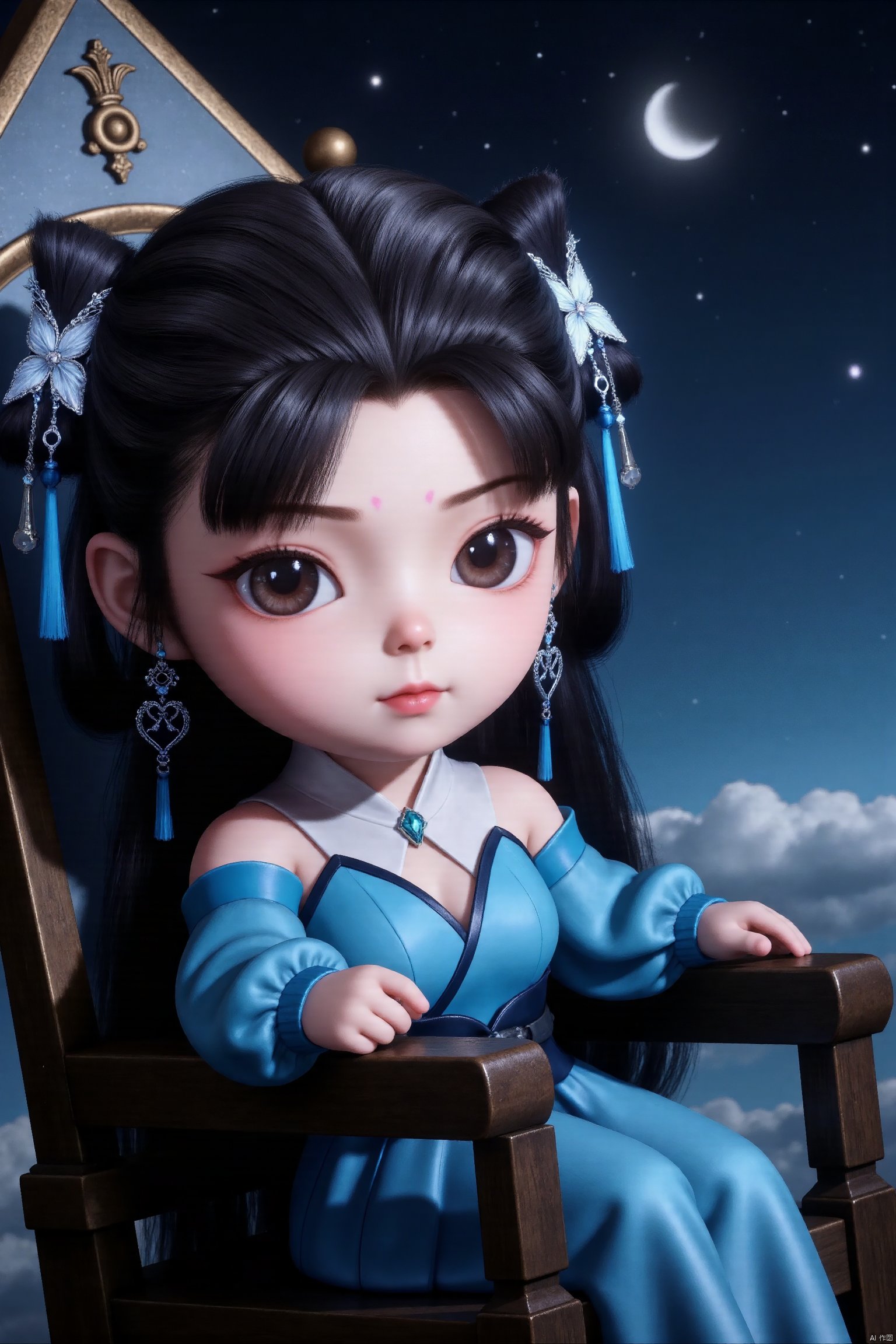 XIAOLINGE, Fluorescent art, sky full of stars,8K, (masterpiece), (best quality), illustration, ultra detailed, hdr, Depth of field, (colorful), loli,a girl ,solo,bare shoulders,flat_chst,diamond and glaring eyes,beautiful detailed cold face,very long blue and sliver hair,floaing black feathers,wavy hair,black and white sleeves,gold and sliver fringes,a (blackhole) behind the girl,a silver triple crown inlaid with obsidian,(sit) on the black ((throne)), (depth) of (field),cleavage