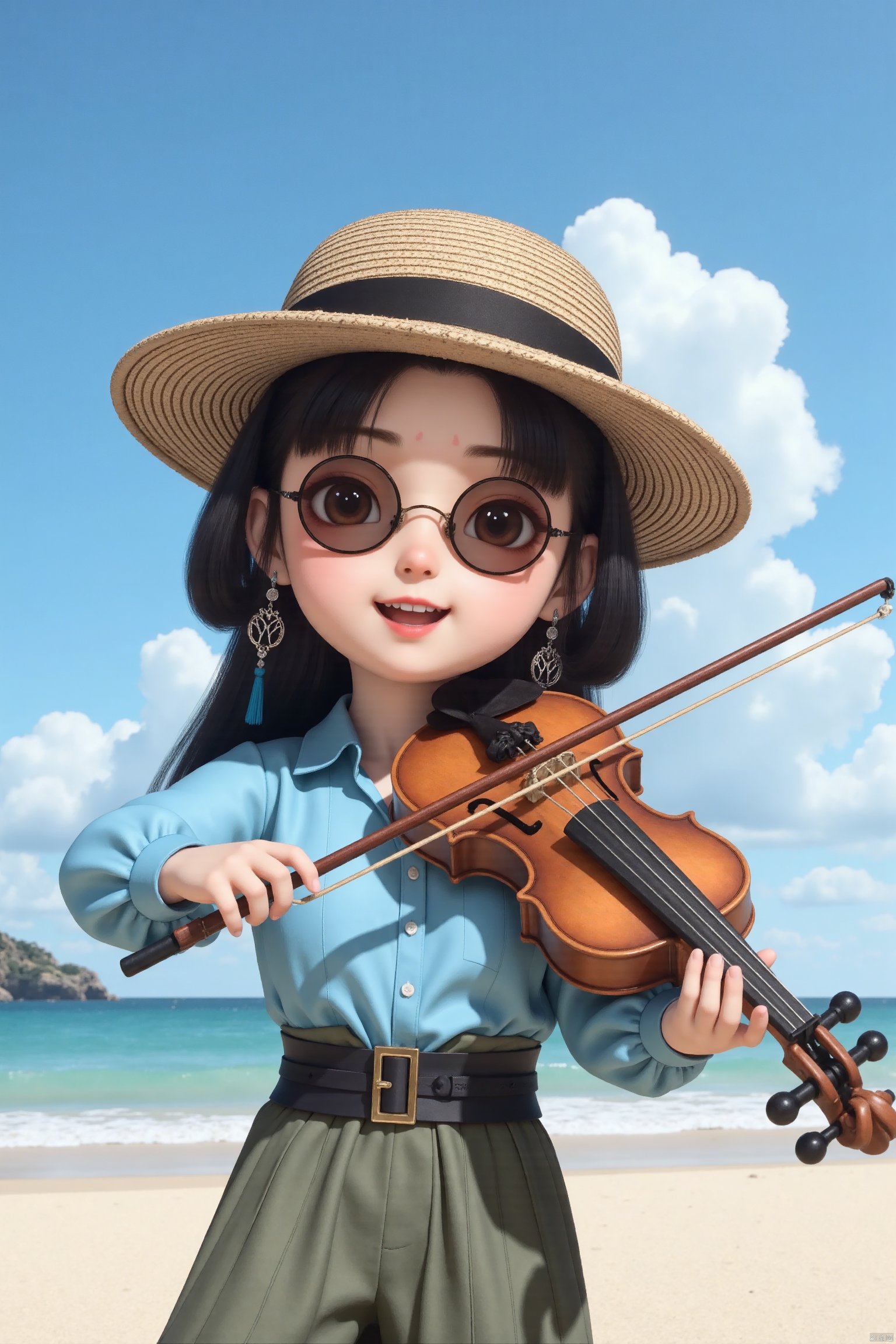 LANLINGE, masterpiece, best quality, solo, smile, open mouth, shirt, blend of real and illustration elements,young female full body,playing a violin with five fingers, cool hat,action pose , sunglasses,smile and happy, masterpiece,very aesthetic,masterpiece,very aesthetic,standing in front of a beach and sea in Hainan in China,natural light,UHD,4K