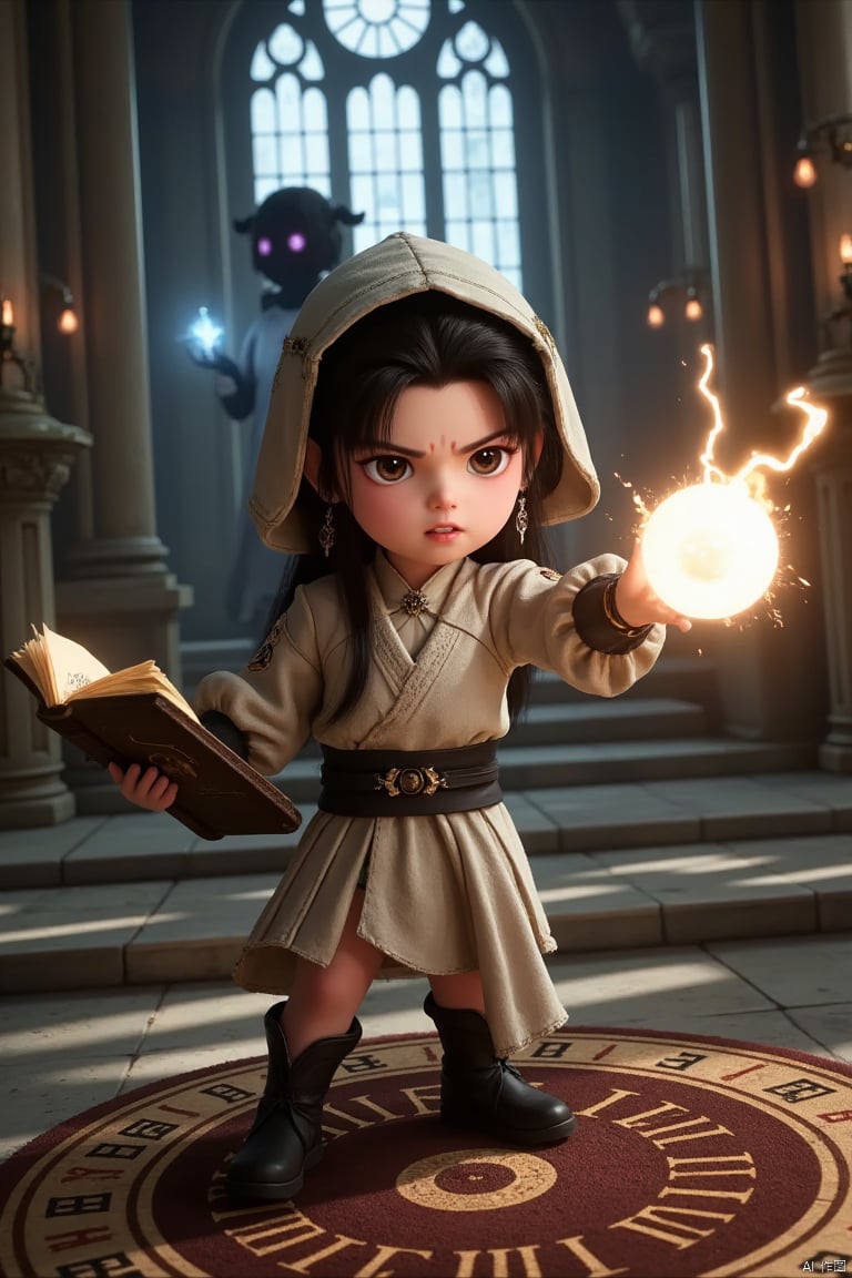 LANLINGE, A girl rests in a Gothic cathedral, wearing light, cracked armor, a canvas hood, and a Cracked Skin level of 1.5. The girl holds a spell book in her hand, with glowing eyes beneath her angry expression, and is casting a powerful lightning ball spell. The spell book exudes a magical glow, and the scene has glitter effects, giving it a cinematic atmosphere. Set in a stunning spaceship fantasy setting, the graphics create an epic atmosphere. The work was created by HKMAGIC. The girl presents action poses. The overall atmosphere is dark, with strong contrast between light and dark, and is low-key. There is also a dark ghostly male silhouette in the picture, surrounded by a circle of runes, which seems to contain mysterious elements, and the girl's body exudes power from the heart. Using the bokeh blur effect, the artwork is ultra-realistic and detailed, with the highest quality and stunning detail.