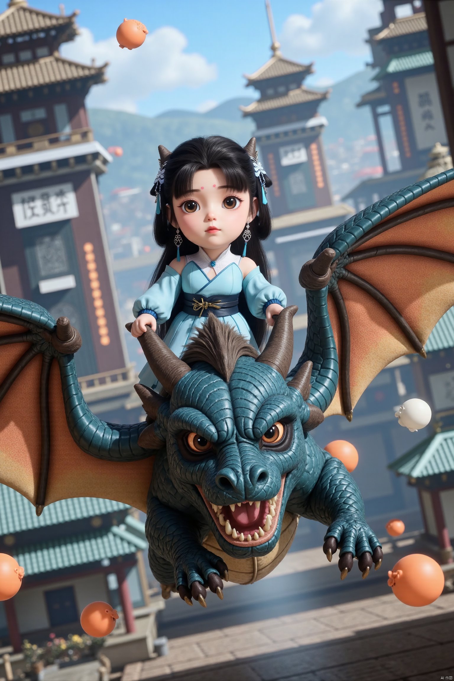 LANLINGE, A futuristic landscape of sleek metallic structures and neon-lit cityscapes serves as the backdrop for this extraordinary product poster. Amidst the modern architecture, a majestic dragon, its scales glinting with iridescent colors, swoops down to carry a diminutive but fashionably dressed girl on its back. The girl, clad in traditional Chinese attire, holds onto the dragon's neck with determination as it gazes out at the viewer with an unbridled sense of adventure.