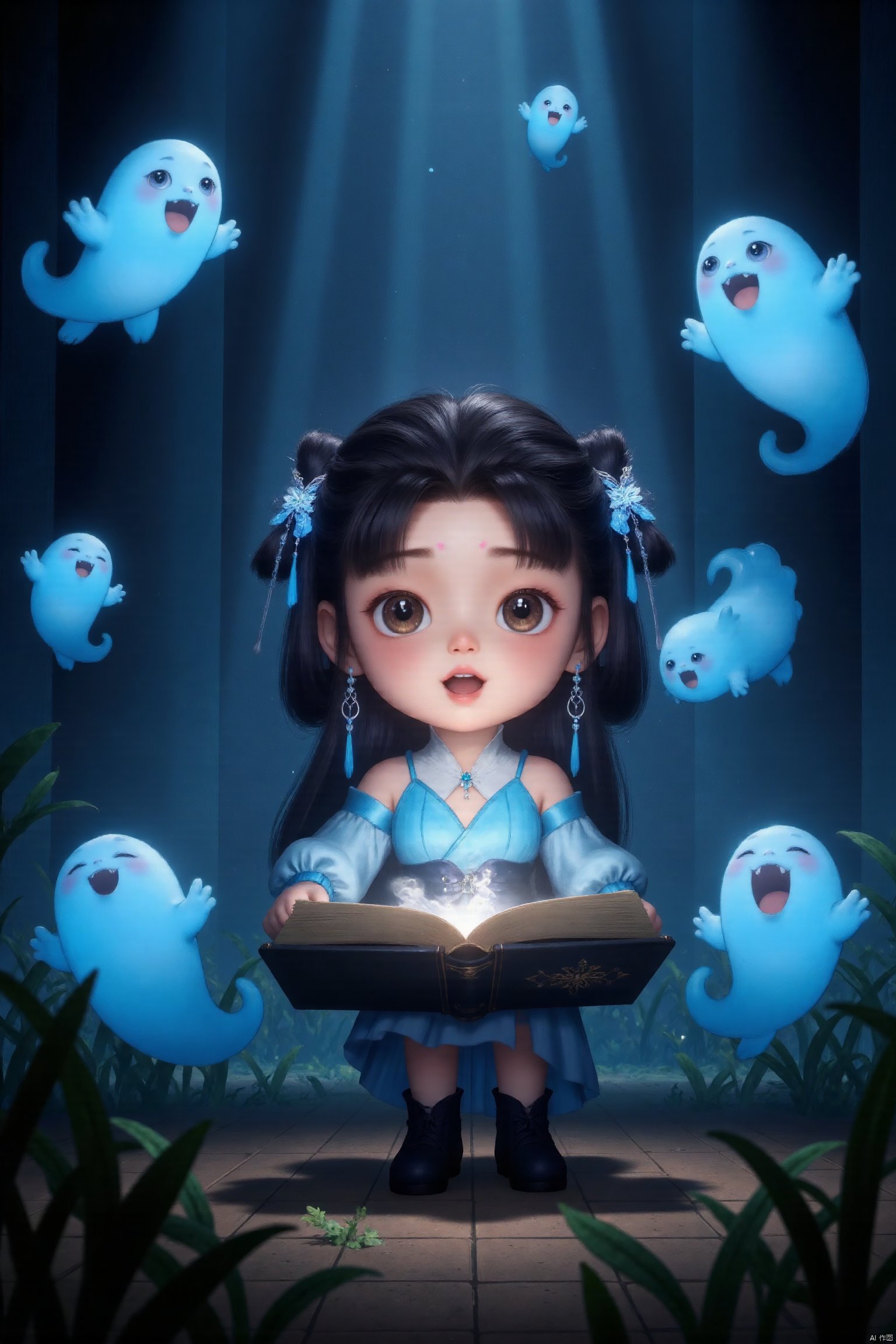 A glowing little girl, book, magic book, ghost, creature, glowing, surrounded by ghost creatures, underwater atmosphere, mystery, magic