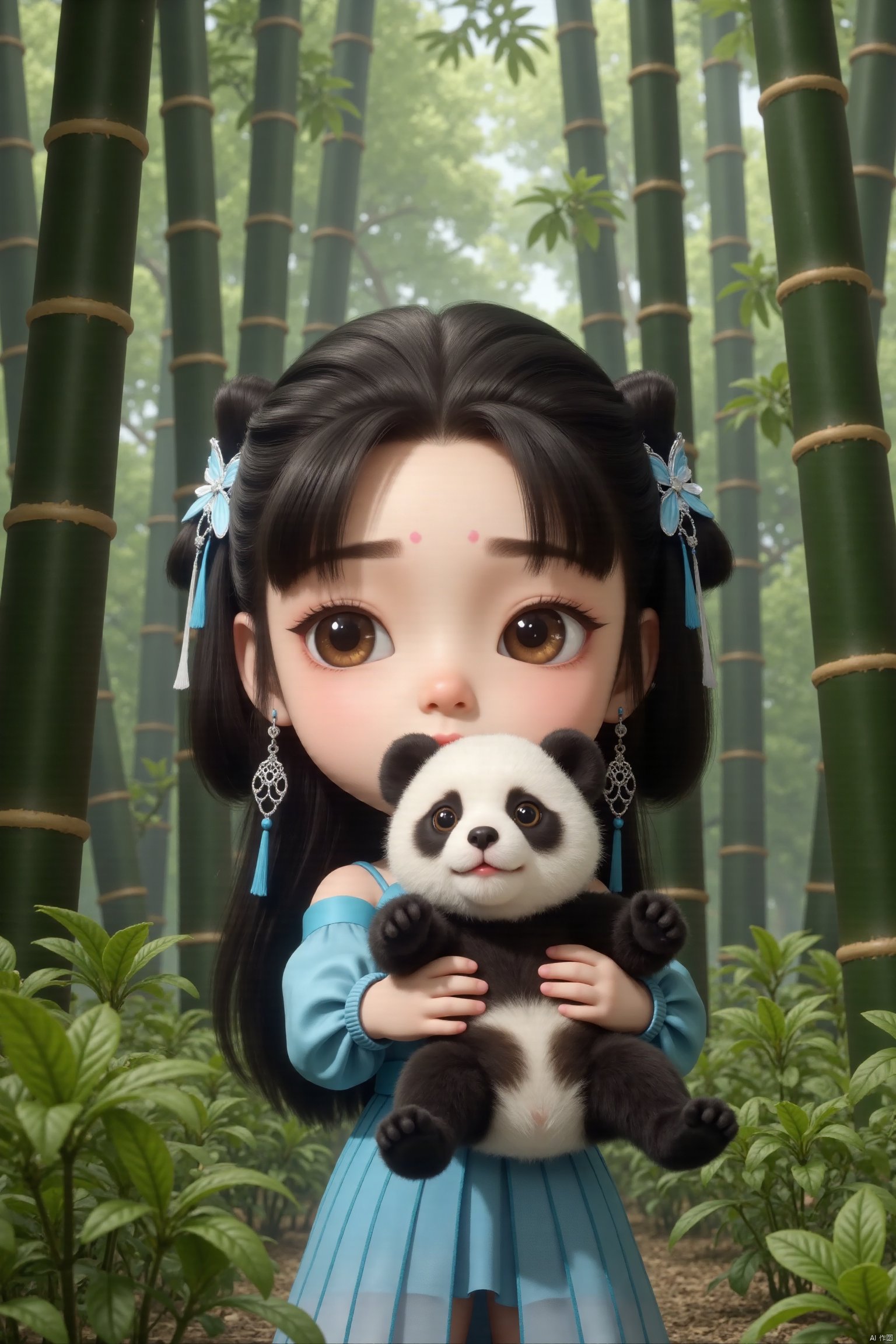 LANLINGE, a girl holding a cute panda in the bamboo forest