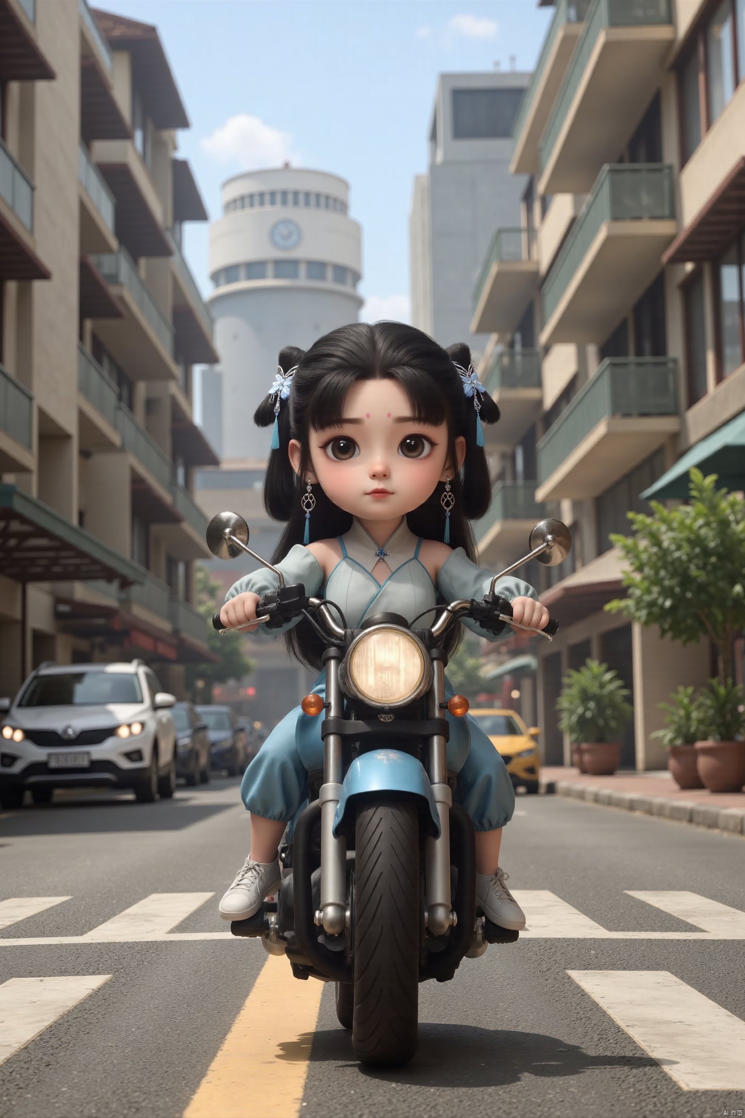 LANLINGE,  A girl is walking on a motorcycle in the city, front view