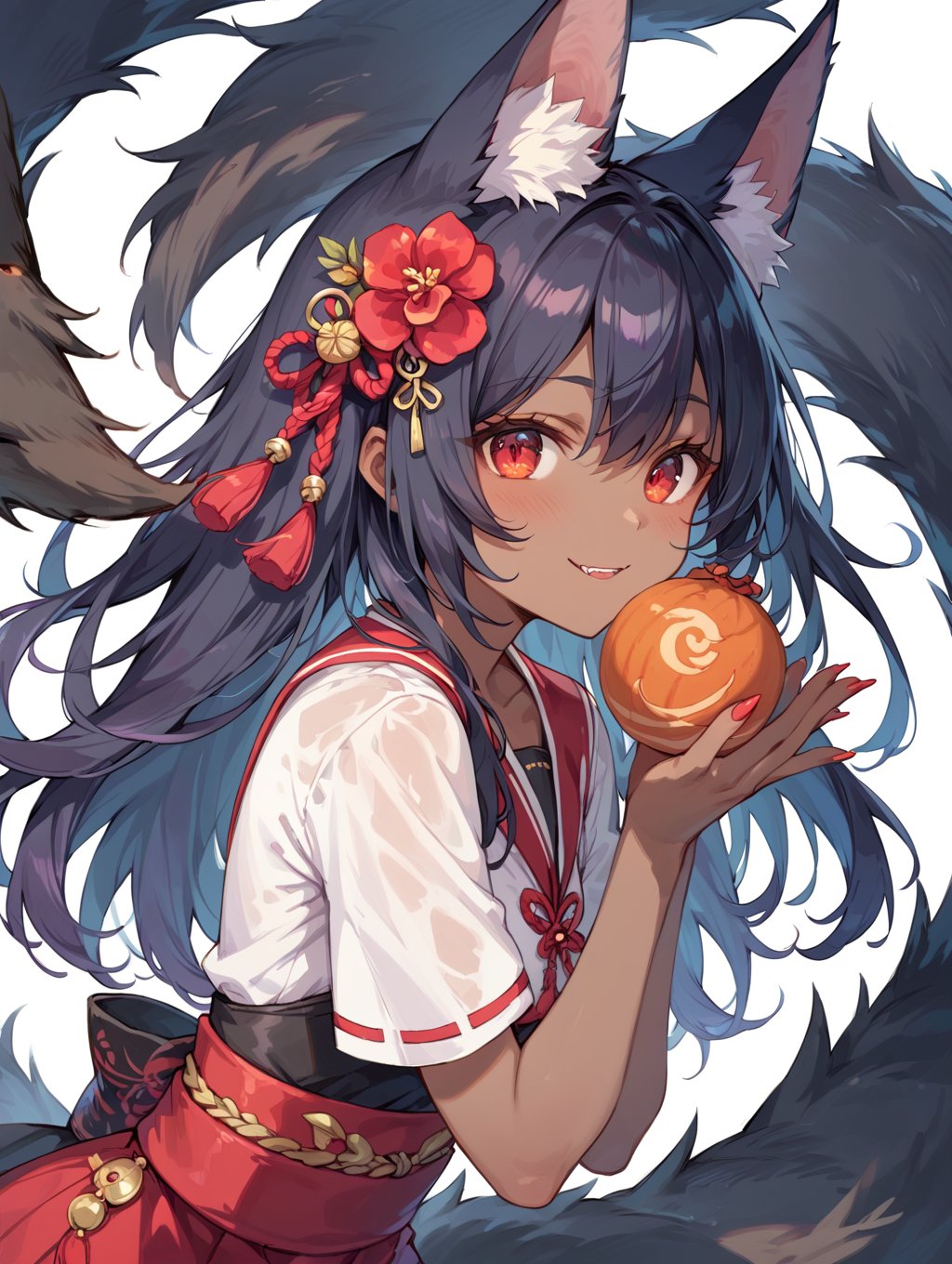 score_9, score_8_up, score_7_up, 
perfect eyes, kitsune, werewolf, red eyes, black skin, pretty girl, cute girl, teasing