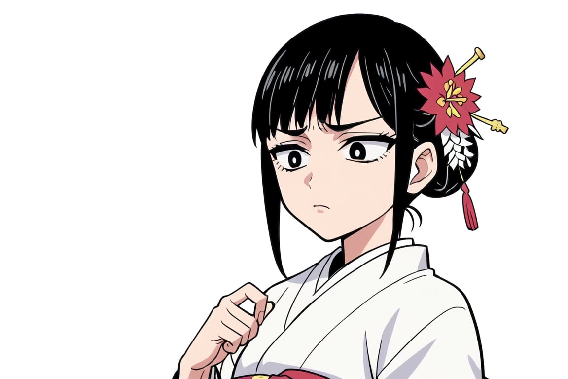 score_9, score_8_up, score_7, source_anime, anime screencap, BREAK,
 1girl, Ginnojomorifuyu Kezokaku, black hair, white kimono, hair flower, single bun,


, ((white background, blank background)):1.3,
,