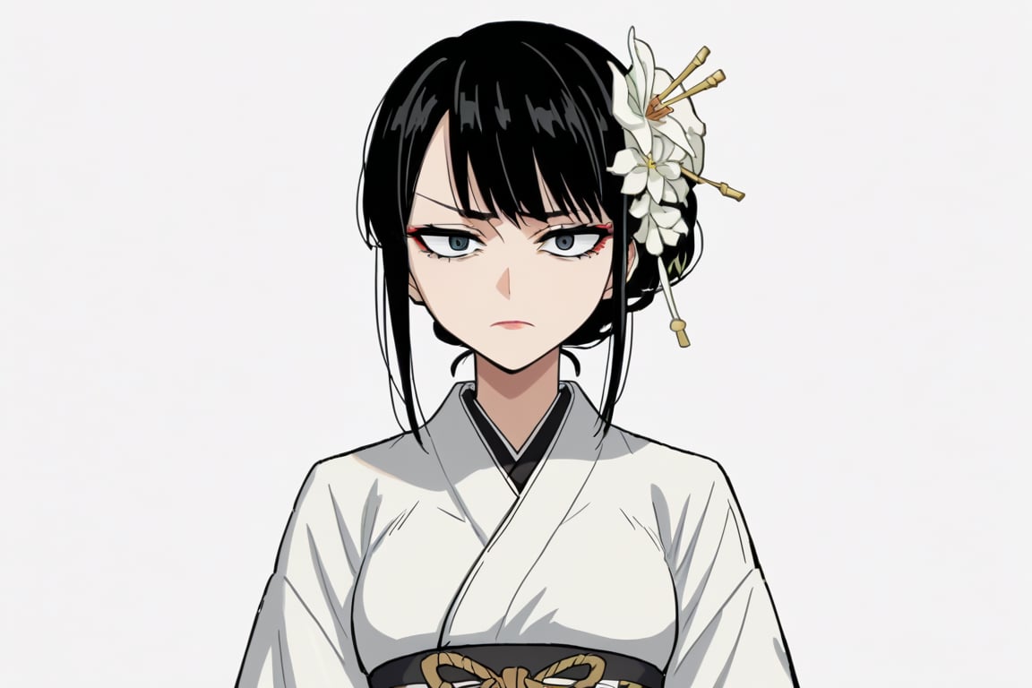 score_9, score_8_up, score_7, source_anime, anime screencap, BREAK,
 1girl, Ginnojomorifuyu Kezokaku, black hair, white kimono, hair flower, black nail polish, ,((white background, blank background))

, ((white background, blank background)):1.3,
,