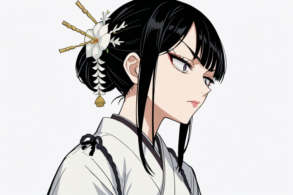 score_9, score_8_up, score_7, source_anime, anime screencap, BREAK,
 1girl, Ginnojomorifuyu Kezokaku, black hair, white kimono, hair flower, black nail polish, ,((white background, blank background))

, ((white background, blank background)):1.3,
,