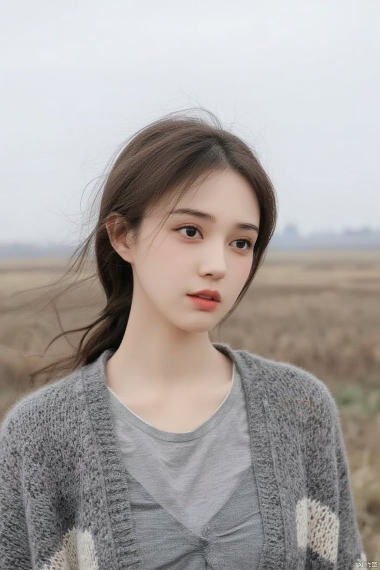 A close-up shot of a young Asian woman with long dark brown hair, a gray t-shirt, and a gray and white cardigan. The woman's hair is pulled back into a ponytail, and she's looking to the left side of the frame. The background is blurred, with a field of brown and green grass in the distance. The sky is a pale gray color, and the woman's eyebrows are a darker shade of brown.