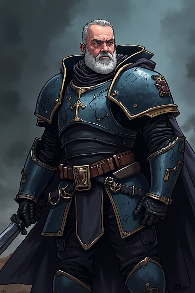 A cartoon drawing of Highly detailed and realistic fantasy character in a dramatic shot. Epic cinematic depiction of a very old Paladin in full NightL40K power armor. He is bearded and his hair is going grey.        
, txznline