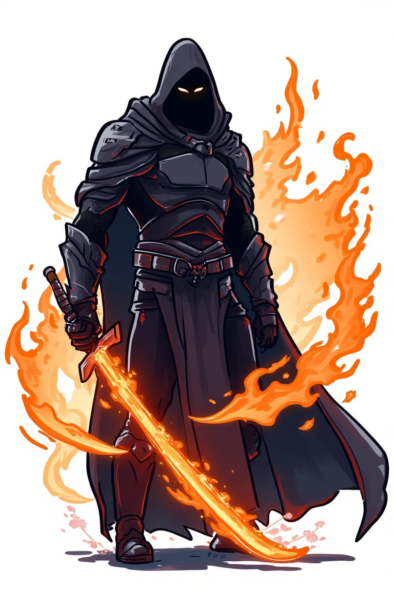 A cartoon drawing of Faceless entity wearing cloak,fire spiral around him,holding sword of flame,a masterpiece,8k resolution concept,dark armor,
ultimate realistic lighting and textures
,The background is white, txznline