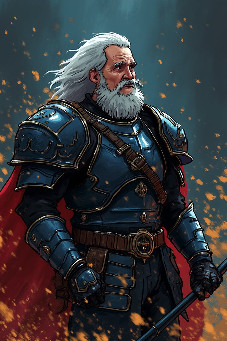 A cartoon drawing of Highly detailed and realistic fantasy character in a dramatic shot. Epic cinematic depiction of a very old Paladin in full NightL40K power armor. He is bearded and his hair is going grey.        
, txznline