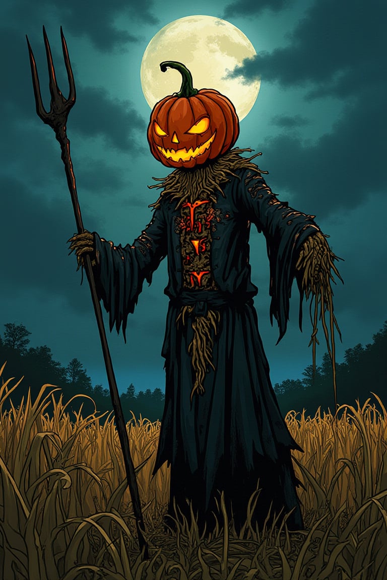 A cartoon drawing of A menacing pumpkin-headed scarecrow looms in a moonlit cornfield, wielding a rusted pitchfork. Eerie orange light flickers within its carved grimace. Tattered robes billow in the autumn wind. Mystical runes glow on its straw-stuffed body, evoking ancient harvest rituals., dramatic, mysterious, dark moody atmosphere, dark, moody, dark fantasy style. Dark Fantasy Art, Dark Moody Atmosphere,
, txznline