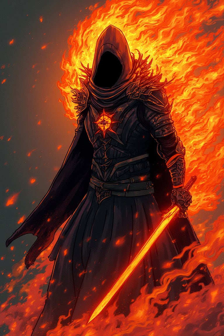 A cartoon drawing of Faceless entity wearing cloak,fire spiral around him,holding sword of flame,a masterpiece,8k resolution concept,dark armor,
ultimate realistic lighting and textures
, txznline