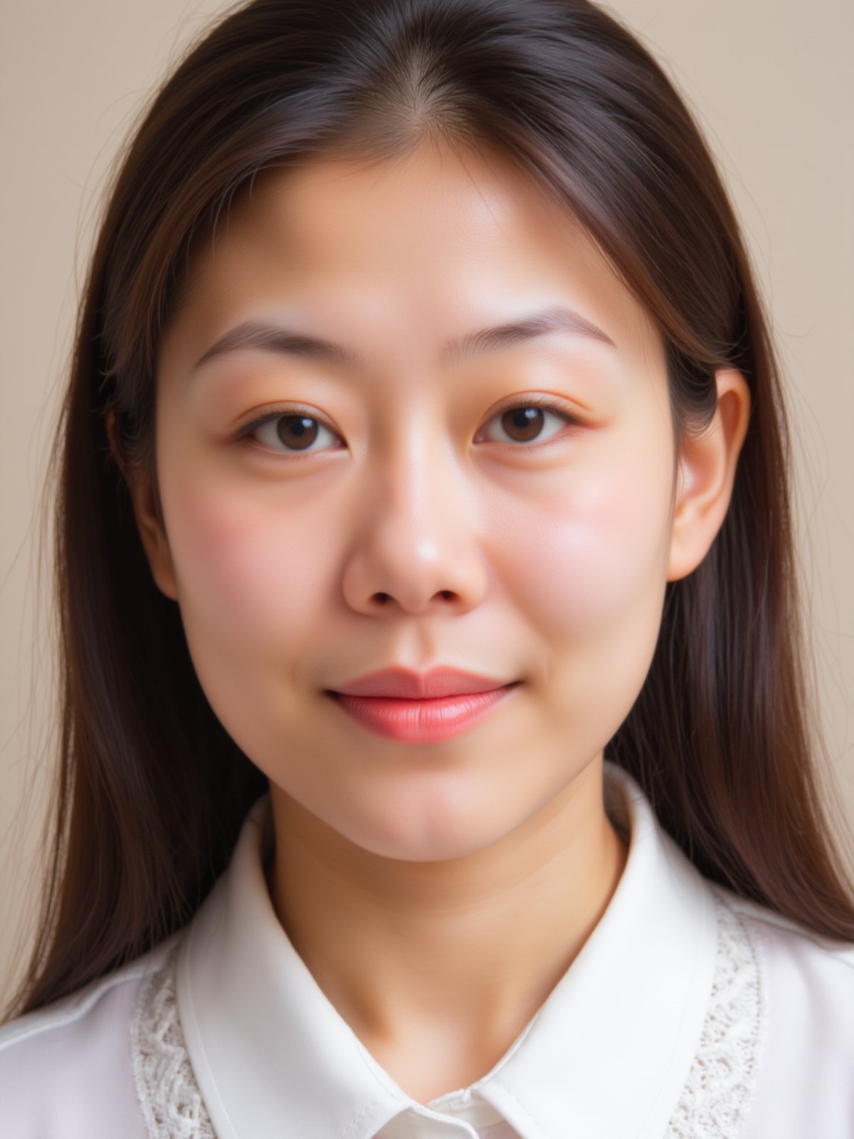 A close-up shot of a young Asian woman with long dark brown hair and brown eyes. She is wearing a white collared button down shirt with white embroidery on the collar. Her lips are a vibrant shade of pink. Her eyebrows are a light brown and her eyes are a darker shade of brown. She has a slight smile on her face. The backdrop is a light beige wall.


