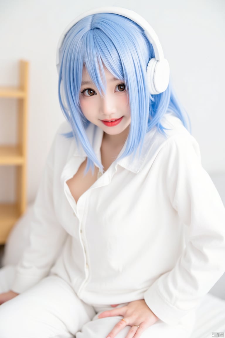 a girl with light blue hair, wearing a white jumpsuit, sits on a bed. She has a white pair of headphones on her head, and her left hand is resting on her hip. Her eyes are brown, her lips are painted red, and she has a slight smile on her face. The backdrop is a stark white wall, and a light brown wooden shelf can be seen on the left side of the frame.


