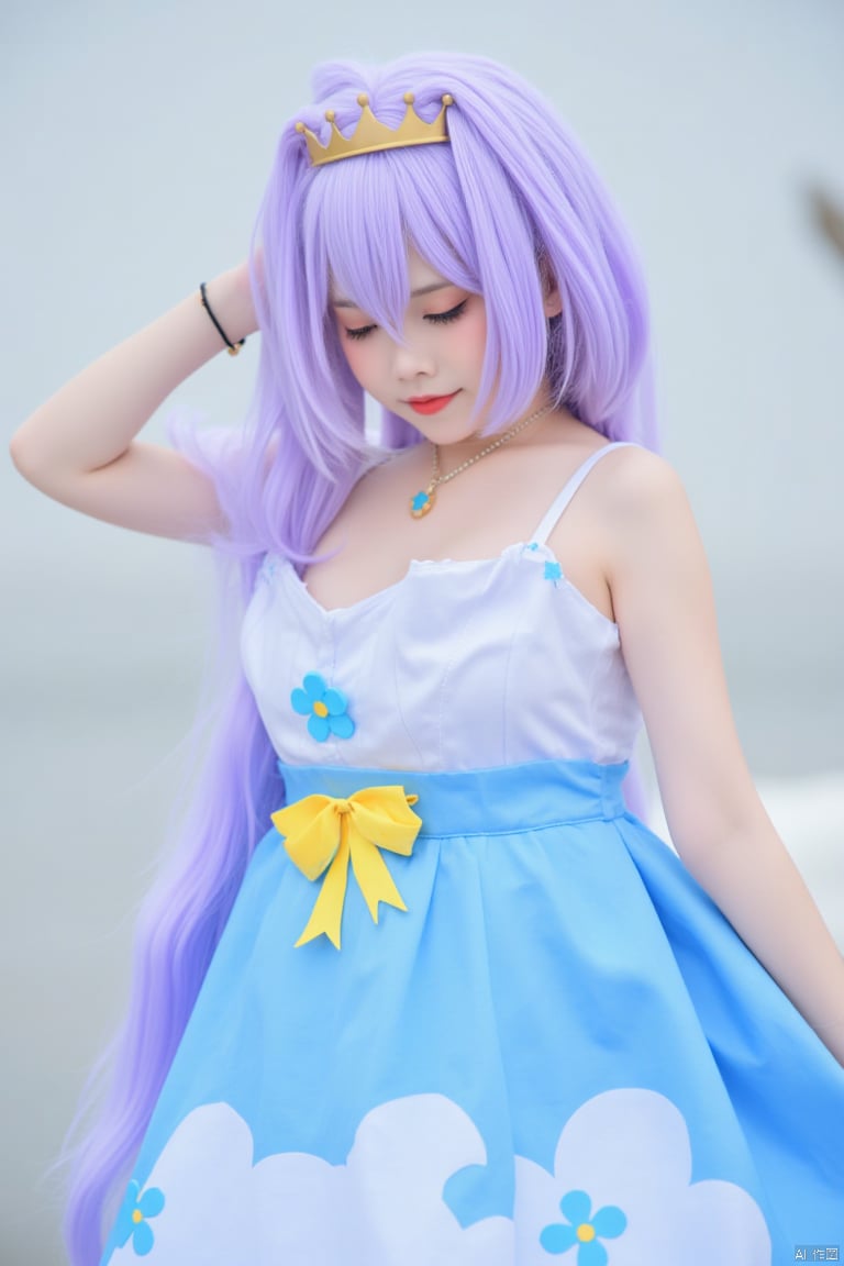 A cosplay girl wearing a blue and white dress. The dress is adorned with a yellow bow and blue flowers. She has long light purple hair and a crown on her head. The background is blurred.
