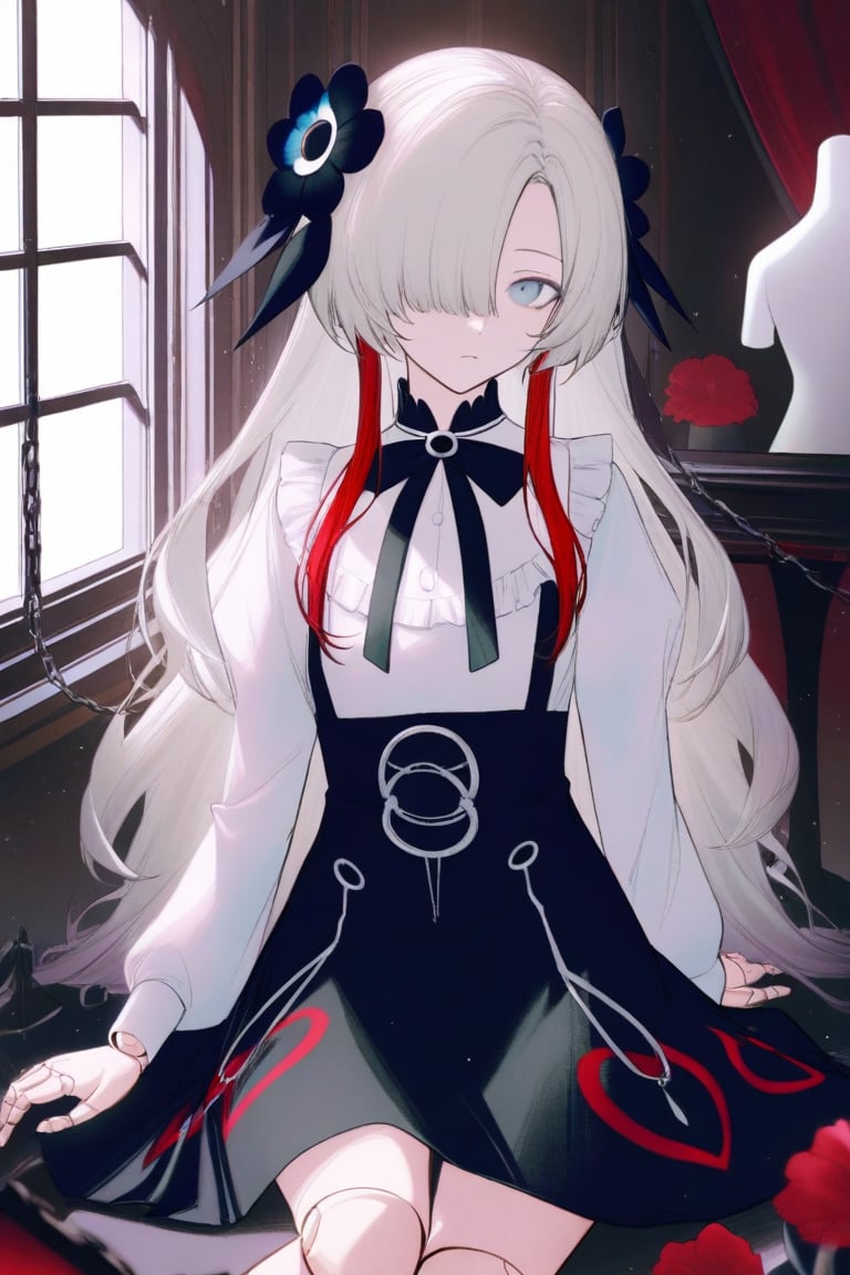 1girl,solo, isekai joucho\(kamitsubaki studio\), virtual youtuber, hair over one eye, hair ornament, multicolored hair, white hair, long hair, hair flower, flower, two-tone hair, mannequin, indoors, joints, doll joints, bow, sitting, chain, long sleeves, dress, shirt, instrument, frills, window, light particles, cuffs, black bow, ribbon, skirt,exper,expressionless, by wanke, masterpiece, best quality, amazing quality, very aesthetic, absurdres