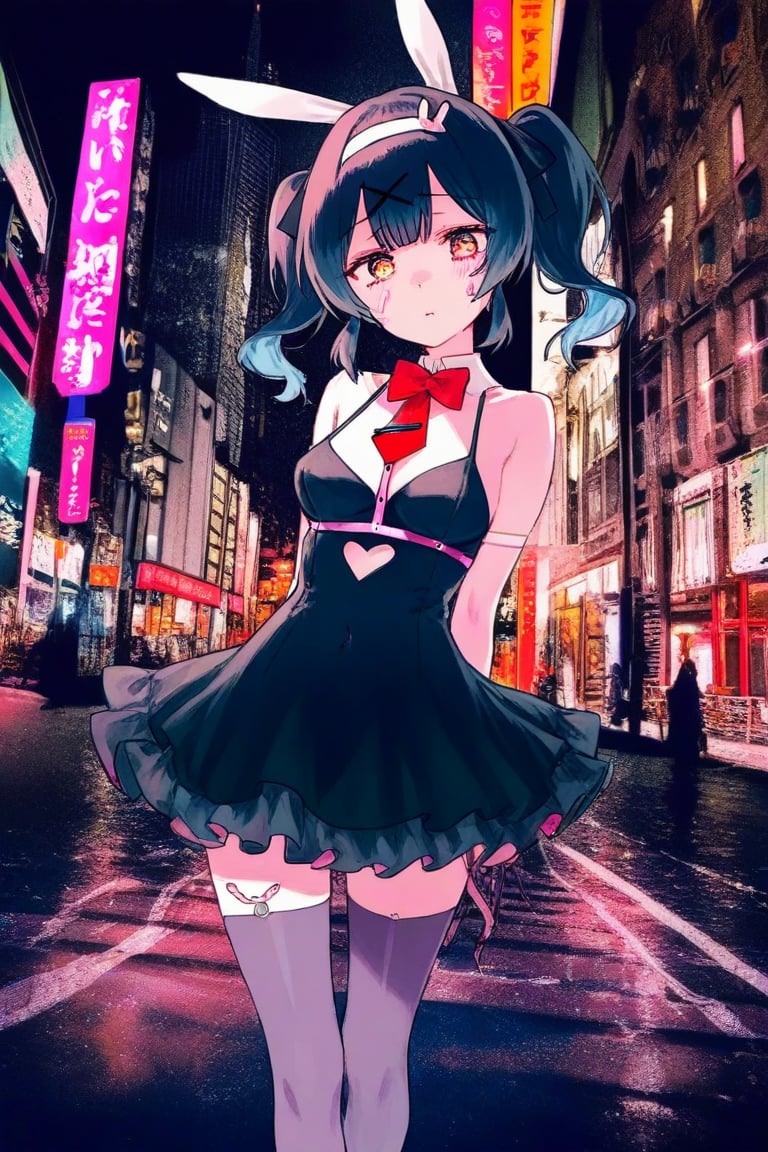 1girl,cat girl, black hair, hair over one eyes, golden eyes, black strapless dress,mika pikazo,hiten,pixiv,extremely aesthetic,stylish,colorful,photo background,outdoors,night,dark theme,city,rabbit hole, contrast