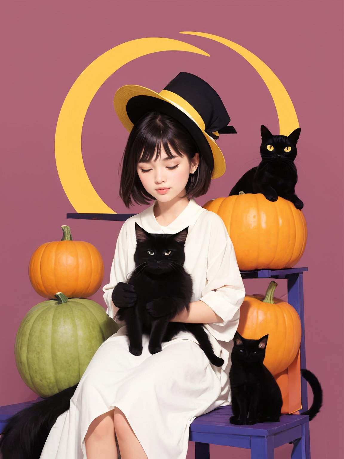 (masterpiece, best quality:1.3),(flat color:1.3),(colorful:1.3),An animated image of a girl and a black cat. The girl is sitting on top of a large pumpkin. The pumpkin is decorated with yellow and orange spots. The cat is sitting next to the girl. She is wearing a black hat with a yellow ribbon around the brim. Her black hair is tied up in a ponytail. Her eyes are closed. The background is a light pink color with a crescent moon in the upper right corner.,wengirl