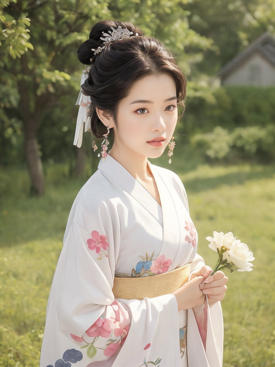 a young Asian woman, dressed in a white kimono, is holding a pink flower in her left hand. Her hair is styled in a low bun, with a black bow at the top of her head. She is wearing a pair of silver earrings, and a ring on her right finger. Her left earring is adorned with a silver barrette, adding a pop of color to her face. The backdrop is a lush green field of flowers, with pink flowers scattered throughout the field,JeeSoo,wengirl,hanfu